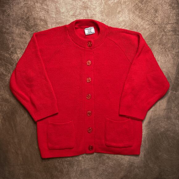 College Point Vintage 80s Red Sweater Knit Cardigan Button Up Long Sleeve Preppy - Picture 1 of 5